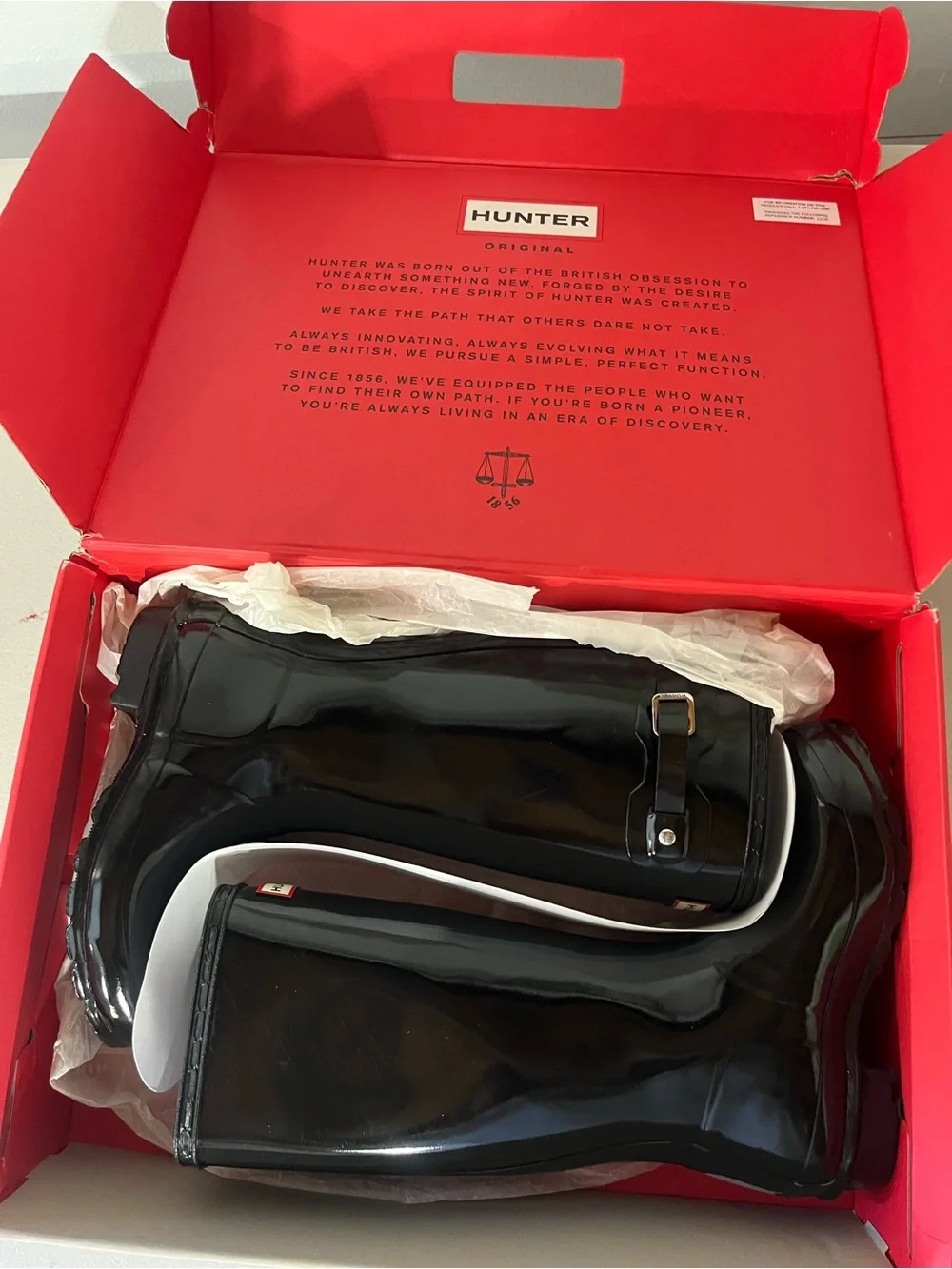 Hunter Gloss Black Patent Tall Rain Boots with Buckle Detail